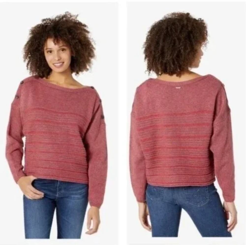 PRANA Women's Solid Striped Wool Sweater Boat neck MEDIUM Mauve Boxy Cropped